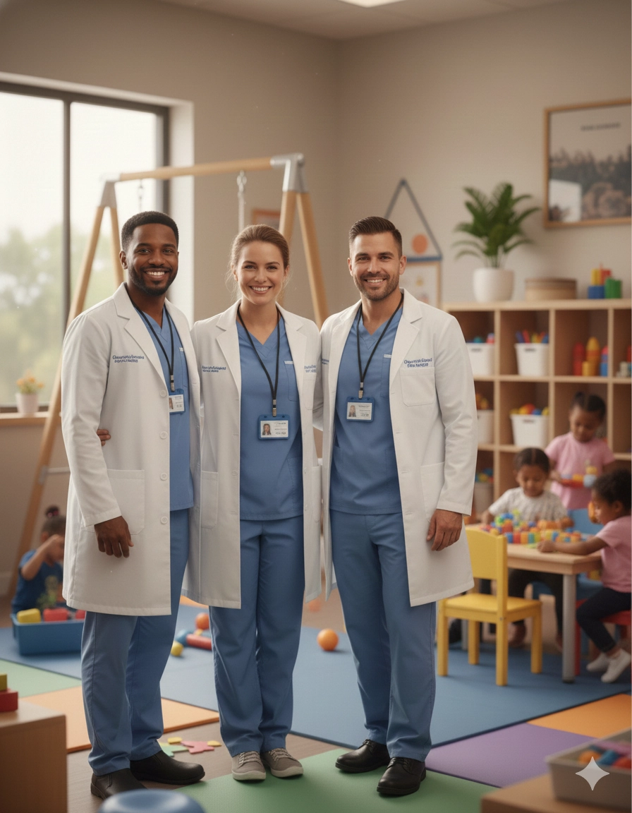 An occupational therapist helping a patient with mobility exercises in a therapy gym.